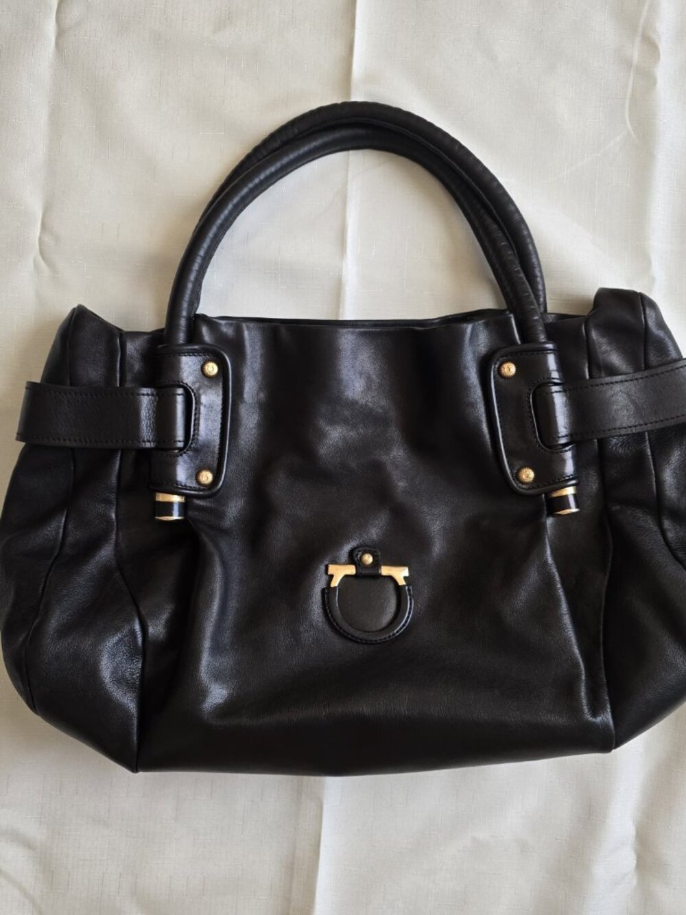 Vintage Salvatore Ferragamo Gancini Black Leather Hobo Bag